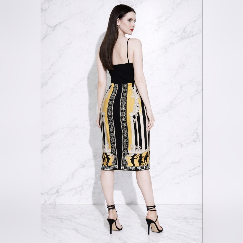 Versace Collection Baroque Greek Key Black Gold Stripe Fully Lined Midi Skirt - Picture 3 of 15